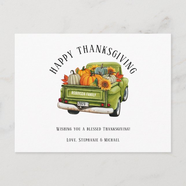 Rustic Lastbil Pumpkin Happy thanksgiving Helg Vykort (Framsida)