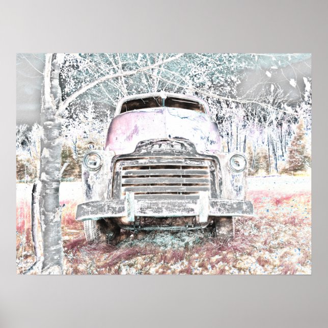 Rustic Lastbil Vintage Vit Grått Retro Distress Poster (Framsidan)