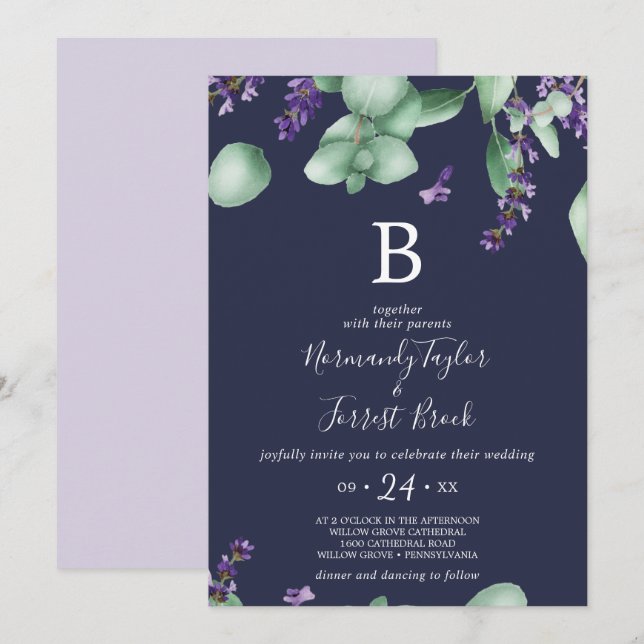 Rustic Lavender | Blå marinblå monogram Bröllop Inbjudningar (Fram/baksida)