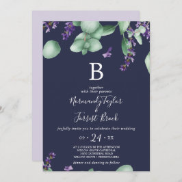 Rustic Lavender | Blå marinblå monogram Bröllop Inbjudningar