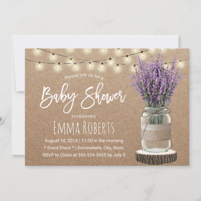 Rustic Lavender Blommigt Burk Kraft Baby Shower Inbjudningar (Framsida)