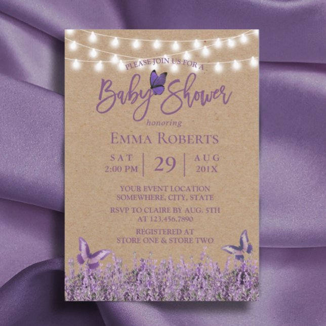 Rustic Lavender Blommigt Butterfly Kraft Baby Show Inbjudningar (Skapare uppladdad)