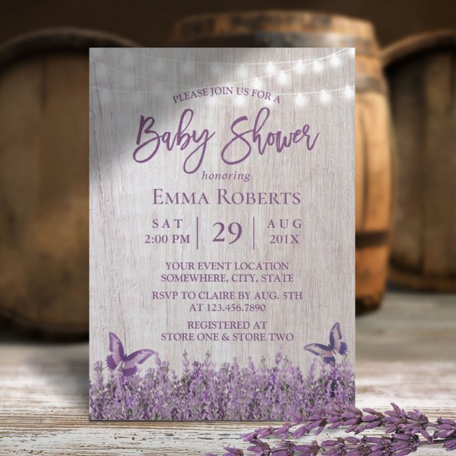 Rustic Lavender Blommigt Butterfly Wood Baby Showe Inbjudningar (Skapare uppladdad)