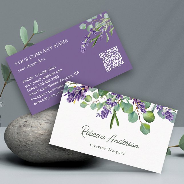 Rustic Lavender Blommigt Eucalyptus QR- kod Visitkort (Skapare uppladdad)