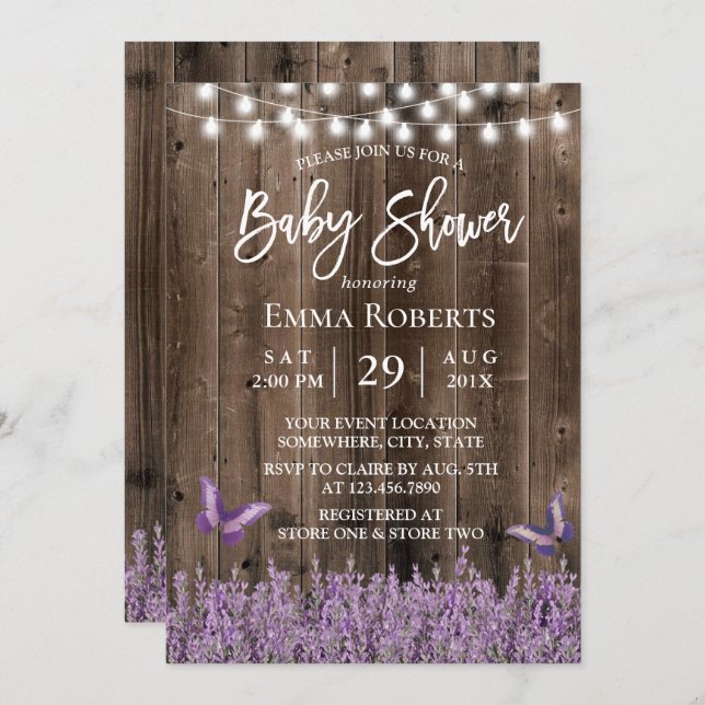 Rustic Lavender Blommigt Mörk Wood Baby Shower Inbjudningar (Fram/baksida)