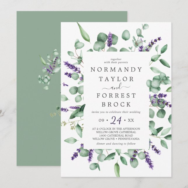 Rustic Lavender Blommigt Ram Monogram bak Bröllop Inbjudningar (Fram/baksida)