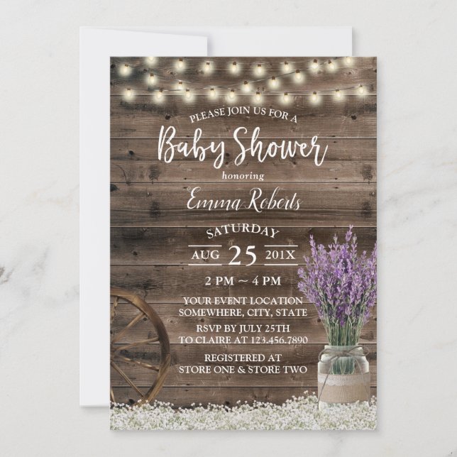 Rustic Lavender Blommigt String Ljus Baby Shower Inbjudningar (Framsida)
