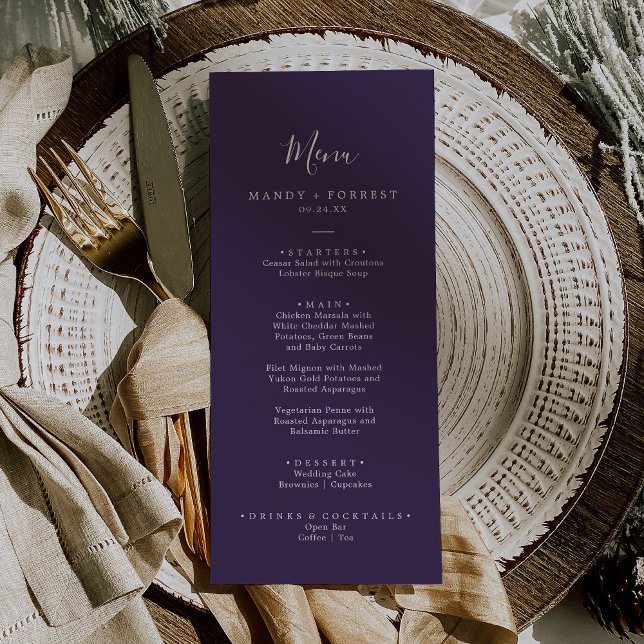 Rustic Lavender Coordinate Plum Bröllop Middag Meny (Skapare uppladdad)