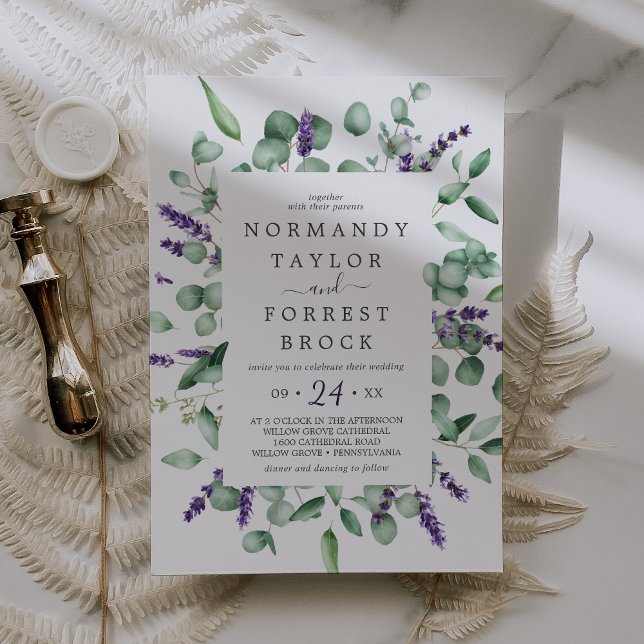 Rustic Lavender & Eucalyptus Blommigt Ram Bröllop Inbjudningar (Skapare uppladdad)
