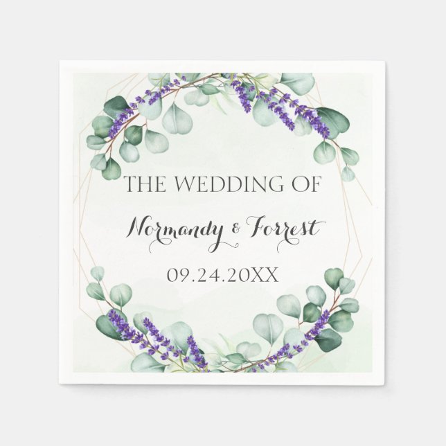 Rustic Lavender Eucalyptus Guld Ram Bröllop Pappersservett (Framsidan)