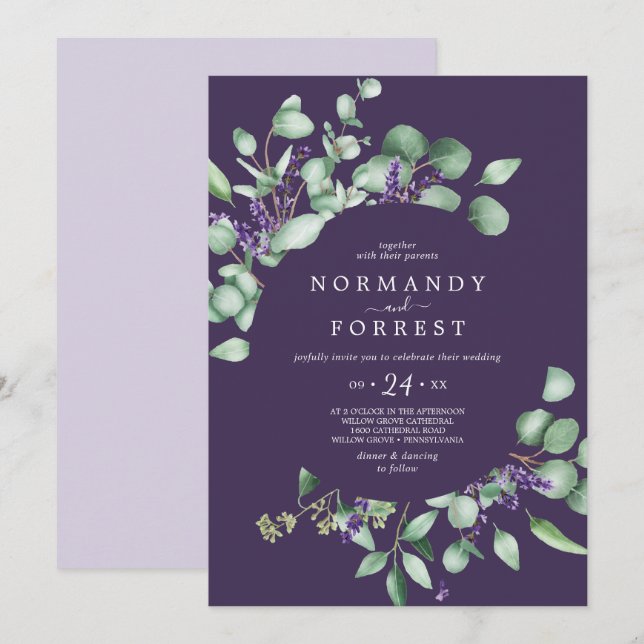 Rustic Lavender & Eucalyptus Lila Avslappnad Bröll Inbjudningar (Fram/baksida)