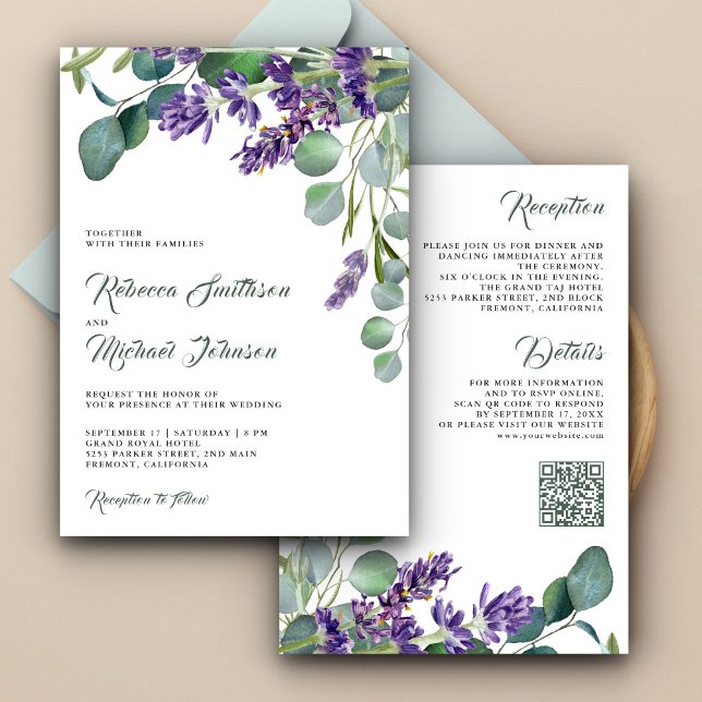 Rustic Lavender Eucalyptus QR Code Bröllop Inbjudningar (Skapare uppladdad)