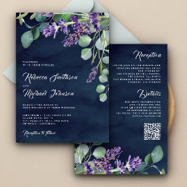 Rustic Lavender Eucalyptus QR Code Navy Bröllop Inbjudningar