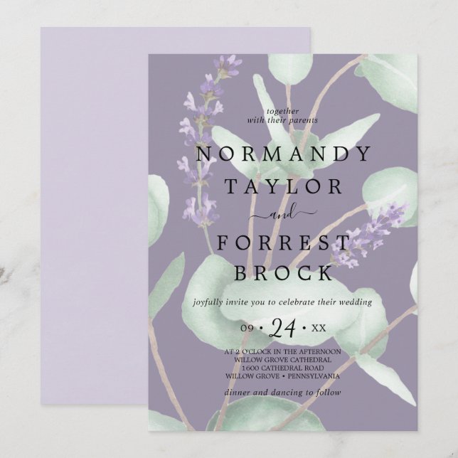 Rustic Lavender Faded Eucalyptus Bröllop Inbjudningar (Fram/baksida)