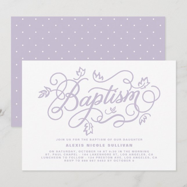 Rustic Lavender Foliage Lettering Baptism Inbjudningar (Fram/baksida)