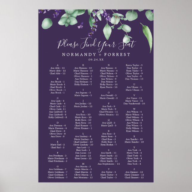 Rustic Lavender Lila Alfabetiskt sittningsschema Poster (Framsidan)