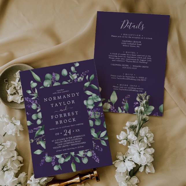 Rustic Lavender Lila Blommigt allt på en Bröllop Inbjudningar (Rustic Lavender Purple Floral All In One Wedding Invitation)