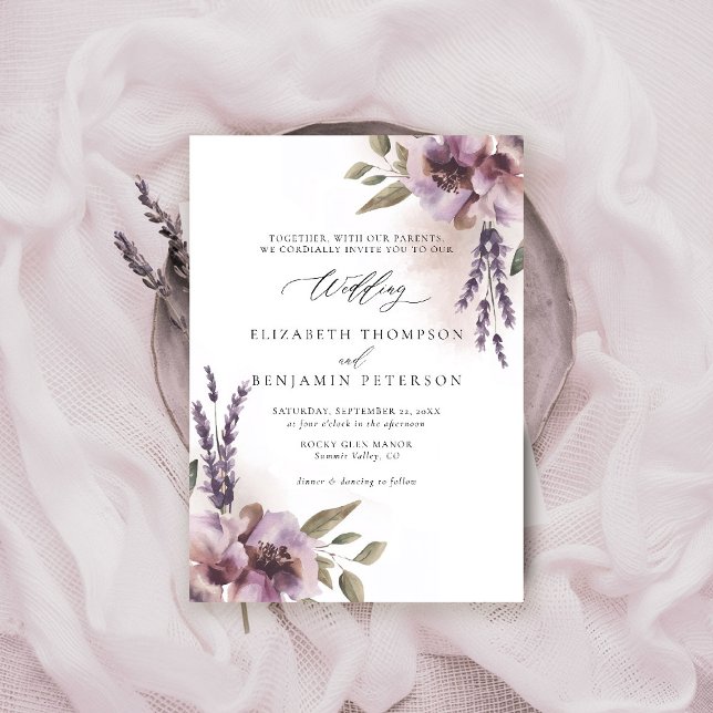 Rustic Lavender Lila Blommigt Chic Elegant bröllop Inbjudningar (rustic lavender wedding invitation watercolor elegant floral mauve purple barn ranch garden)