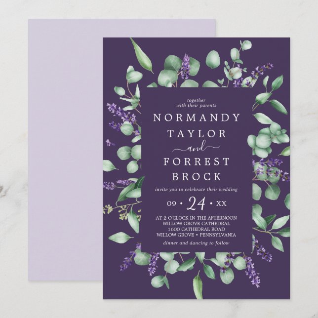 Rustic Lavender | LILA BLOMMIGT RAM BRÖLLOP Inbjudningar (Fram/baksida)