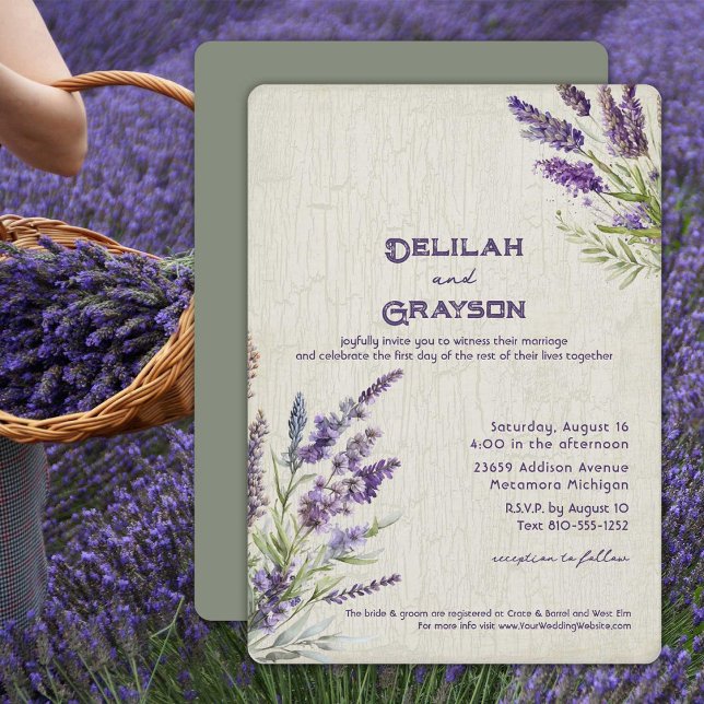 Rustic Lavender Lila blommor Bröllop Inbjudningar (Lavender and Sage invitation for your casual wedding.)
