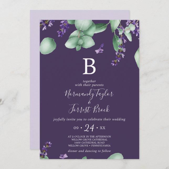 Rustic Lavender | Lila Monogram Bröllop Inbjudningar (Fram/baksida)