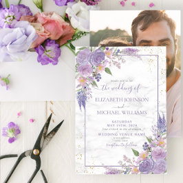Rustic Lavender Lilac Guld Blommigt Photo Bröllop Inbjudningar