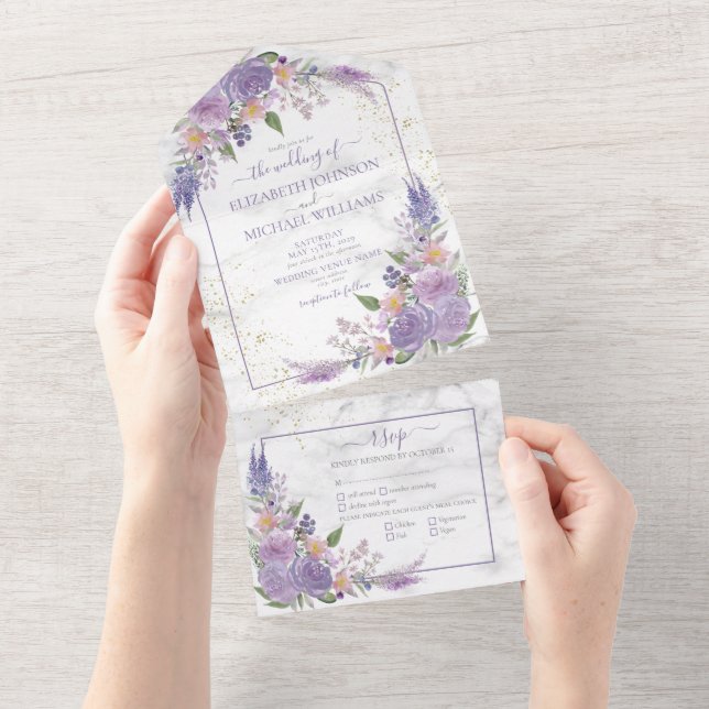 Rustic Lavender Lilac Marble Guld Blommigt Bröllop (Tearaway)