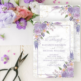 Rustic Lavender Lilac Marble Guld Blommigt Bröllop Inbjudningar