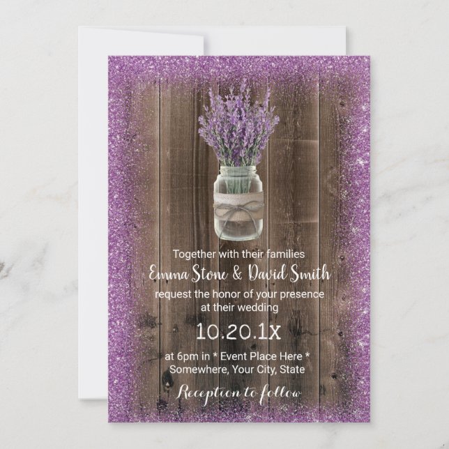 Rustic Lavender Mason Burk Lila Flower Bröllop Inbjudningar (Framsida)