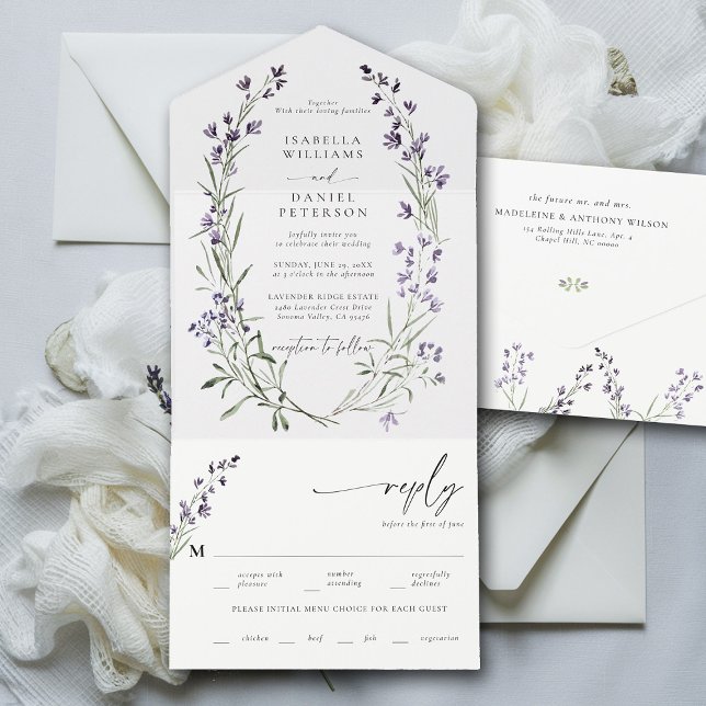 Rustic Lavender Meal OSA Modern Romantic Bröllop (lavender wedding invitation provence wreath modern classic elegant watercolor meal rsvp all in one)
