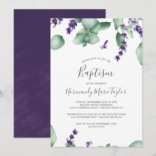 Rustic Lavender och Eucalyptus Baptism Inbjudningar (Fram/baksida)