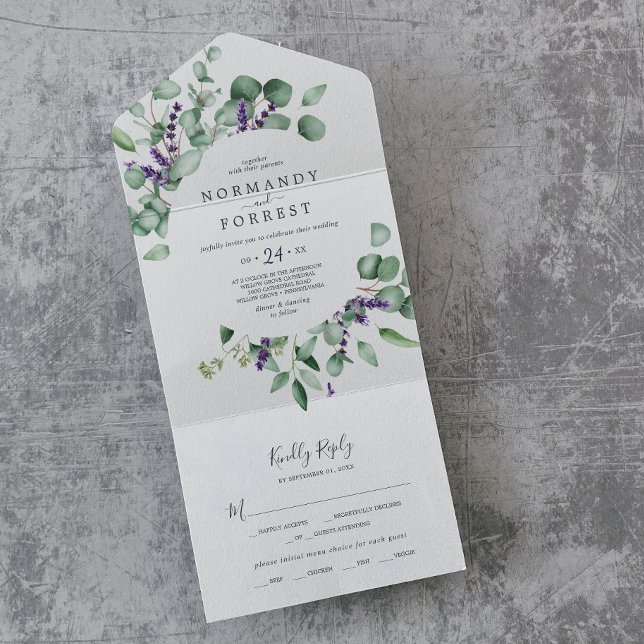 Rustic Lavender och Eucalyptus Bröllop (Rustic Lavender and Eucalyptus Wedding All In One Invitation)