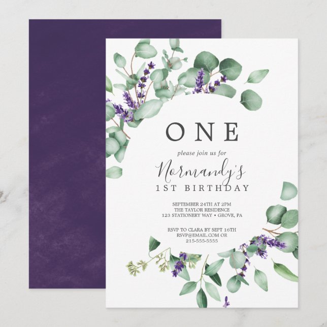Rustic Lavender och Eucalyptus Första födelsedag Inbjudningar (Fram/baksida)