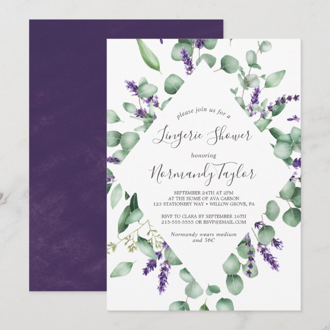 Rustic Lavender och Eucalyptus Lingerie Shower Inbjudningar (Fram/baksida)