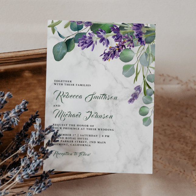 Rustic Lavender och Eucalyptus Marble Bröllop Inbjudningar (Skapare uppladdad)