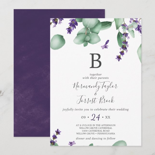 Rustic Lavender och Eucalyptus Monogram Bröllop Inbjudningar (Fram/baksida)