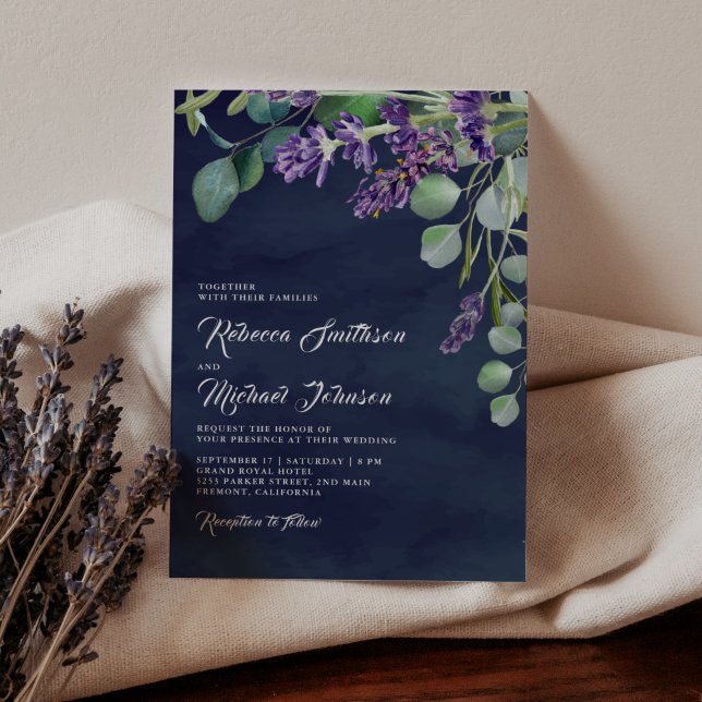 Rustic Lavender och Eucalyptus Navy Blue Bröllop Inbjudningar (Skapare uppladdad)