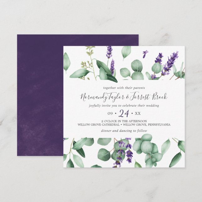 Rustic Lavender och Eucalyptus Square Bröllop Inbjudningar (Fram/baksida)