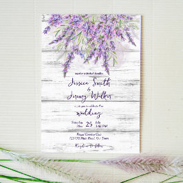 Rustic lavender på vitt trä bröllop inbjudningar