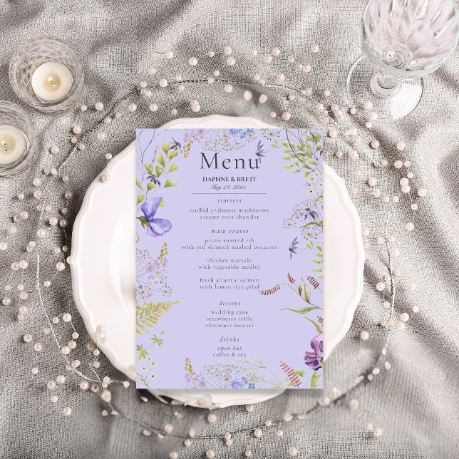 Rustic Lavender Sage WildblommLavender Bröllop Meny (Rustic Lavender Sage Wildflowers Lavender Wedding Menu)