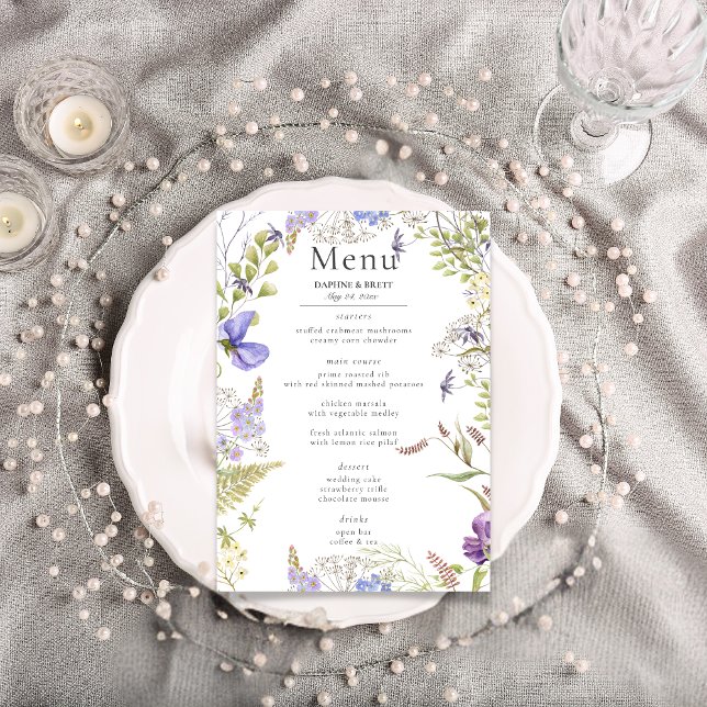Rustic Lavender & Sage Wildblommor White Bröllop Meny (Rustic Lavender & Sage Wildflowers White Wedding 
Program)