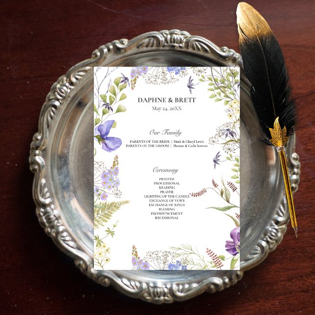 Rustic Lavender & Sage Wildblommor White Bröllop Program (Rustic Lavender & Sage Wildflowers White Wedding Program)