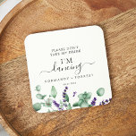 Rustic Lavender Ta inte min dryck jag dansar Underlägg Papper Rund<br><div class="desc">"Ta inte min drink jag dansar" underlägg perfekt för en enkel mottagning och elegant bröllop. Blommigtens utformning har vattenfärgen eukalyptus löv och grönt med sprit av lila vilda blommor.</div>