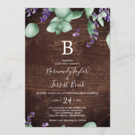 Rustic Lavender | Trä Monogram Bröllop Inbjudningar