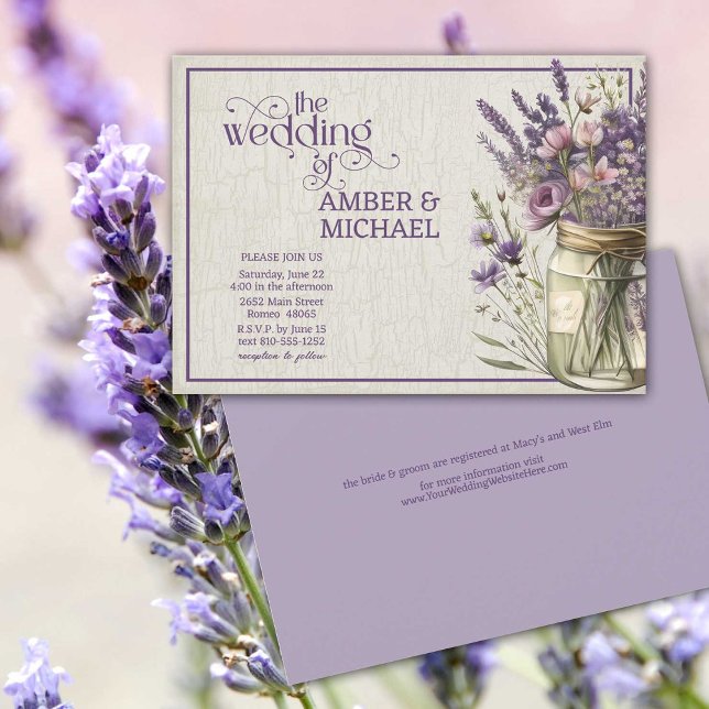 Rustic Lavender Vår sommartid Blommigt Bröllop Inbjudningar (Pretty all-in-one rustic lavender floral wedding invitation.)