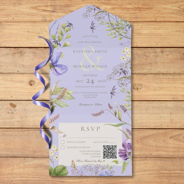 Rustic Lavender Wildblommor Lavender QR-kod (Rustic Lavender Wildflowers Lavender QR Code All In One Invitation)