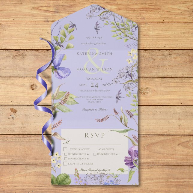 Rustic Lavender Wildblommor Lavender Tre middagar (Rustic Lavender Wildflowers Lavender Three Dinner All In One Invitation)