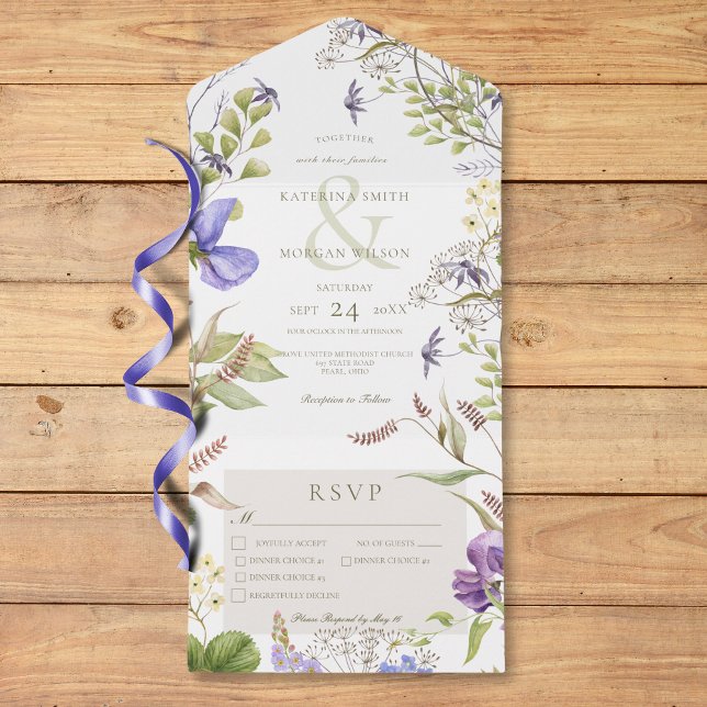 Rustic Lavender WildblomWhite Tre Middag (Rustic Lavender Wildflowers White Three Dinner All In One Invitation)