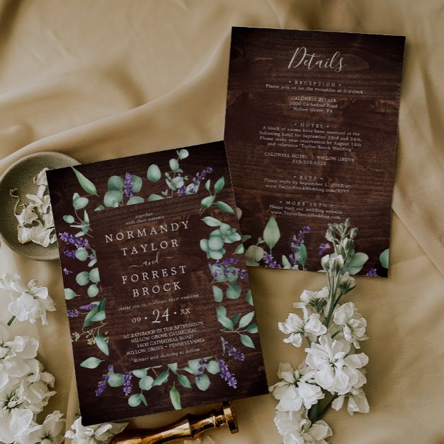 Rustic Lavender Wooden Blommigt på ett Bröllop Inbjudningar (Rustic Lavender Wooden Floral All In One Wedding Invitation)