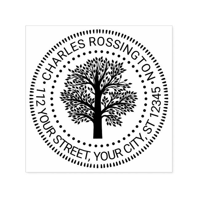 Rustic Leafy Family Träd Rnd Namn Returadress Självfärgande Stämpel (Design)